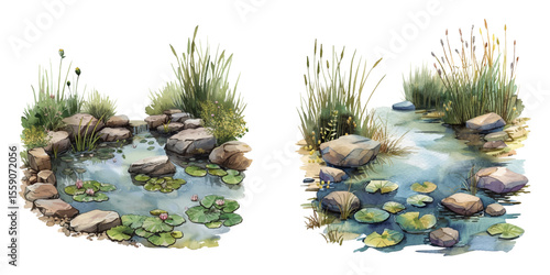 pond lanscape watercolor vector illustration