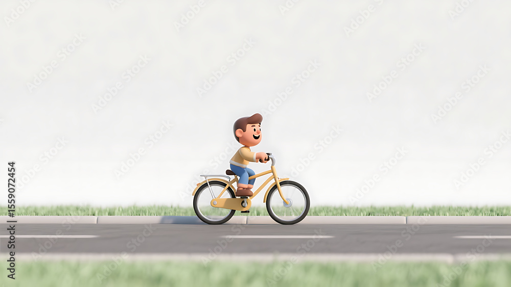 Obraz premium Joyful cartoon boy riding a yellow bicycle on a road with green grass, cheerful 3D rendered illustration of a child's outdoor activity, summer fun concept copy space