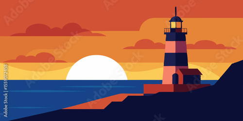 Lighthouse On Seashore At Sunset