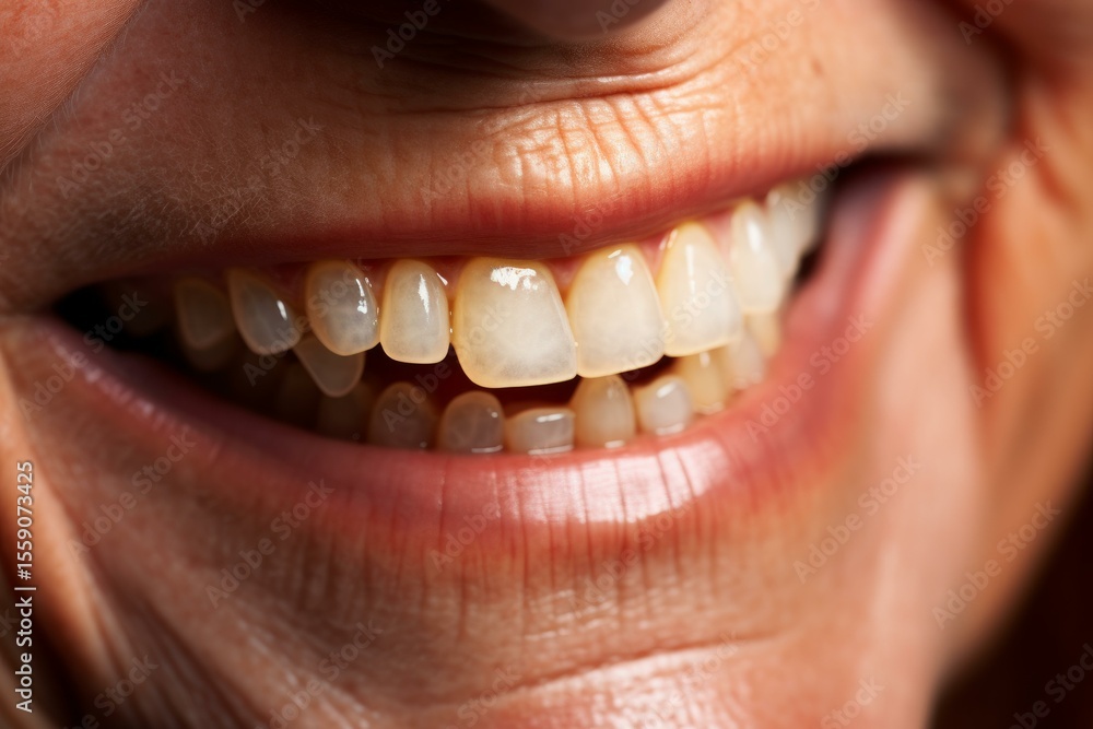 Fototapeta premium Mature woman smiles, revealing slightly yellowed teeth, indicative of aging or lifestyle habits