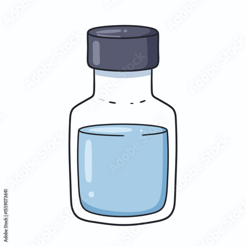 A short clear bottle filled with blue liquid and capped with a dark gray lid