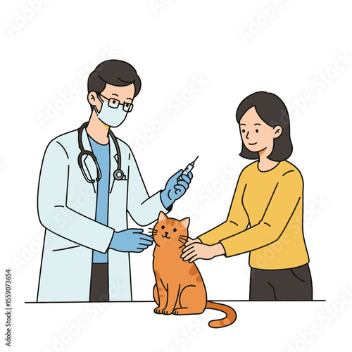 A vet in mask  gloves preps to inject a cat held by owner