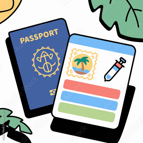 A passport and vaccine card are shown suggesting travel and vaccination