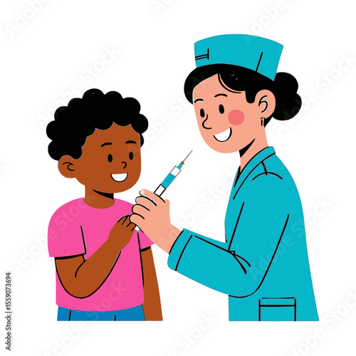 A nurse gives a young boy a shot from a syringe