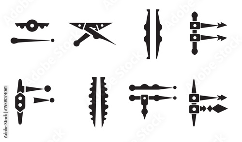 Diverse illustrations of black hardware elements representing various door hinges and decorative architectural details icon set