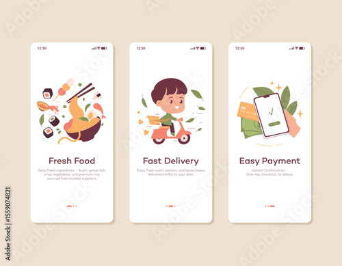 A set of vector illustrations for a Japanese food delivery app onboarding screen. Sushi and rolls, a fast scooter courier with a thermal bag, and a simple contactless payment.