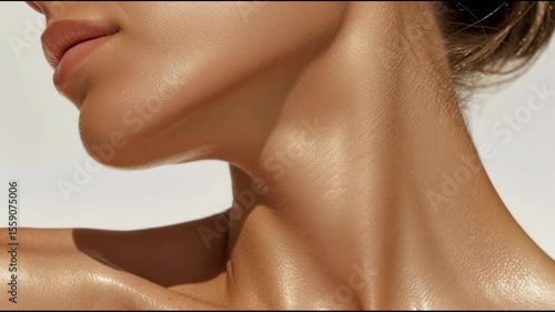 Woman applying self tanning lotion on neck and decollete, demonstrating sunless tanning cream stages against white background, skincare beauty routine