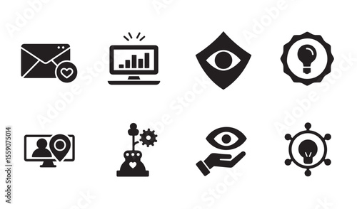 Modern business and technology icon set featuring email analytics idea location and networking elements