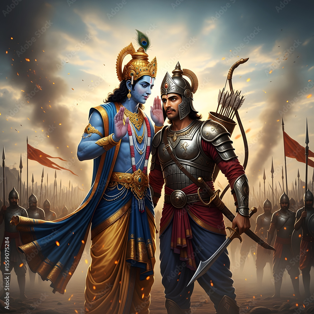 Obraz premium Krishna instructing arjuna before the battle a digital illustration of the mahabharata epic