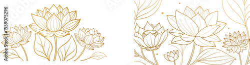 Vector art of set of elegant golden lotus flower line art illustrations, isolated on transparent background