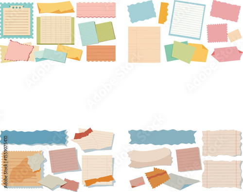 Vector art of a collection of colorful torn paper scraps and notes, isolated on transparent background