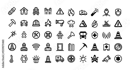 Emergency Outline Icon Set – Editable Stroke Vector with Evacuation, SOS Call, Ambulance, Emergency Hotline, Exit, and Safety Symbols