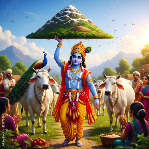 Lord krishna lifts govardhan hill protecting villagers and cows under a sunny blue sky