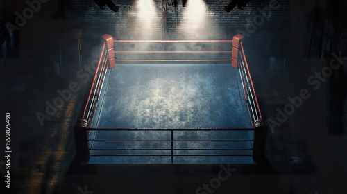 Top down view of an empty boxing ring under a spotlight on dark room