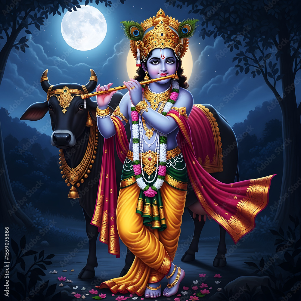 Fototapeta premium Lord krishna playing the flute with a cow under a full moon in a mystical night scene