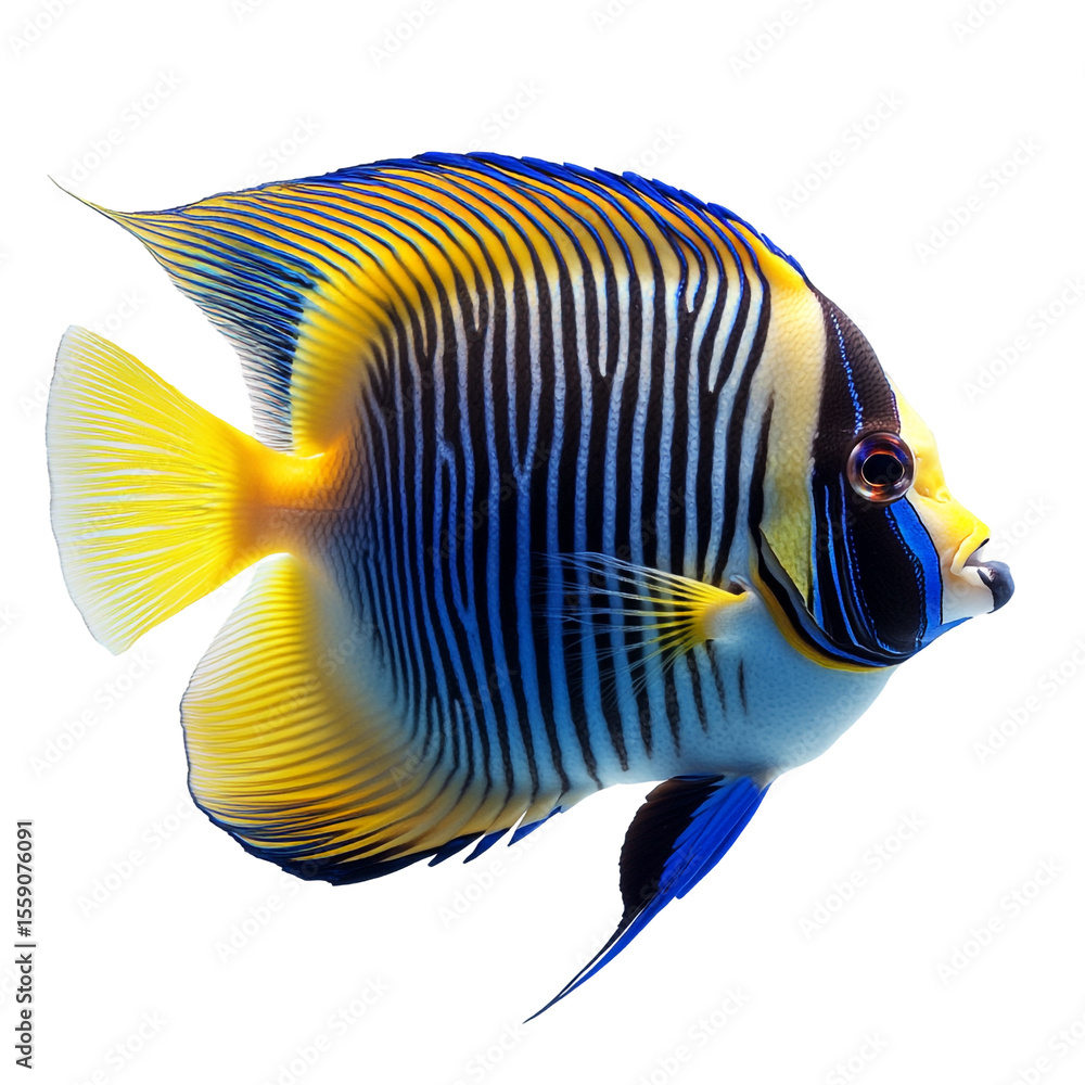 Naklejka premium Vibrant yellow blue and black striped angelfish swimming against a dark background