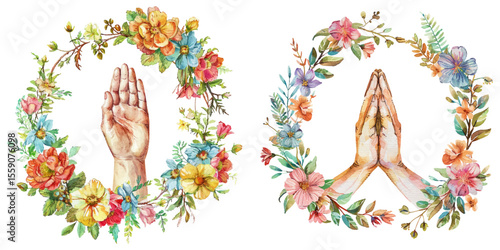 praying hand with flowers wreath watercolor vector illustration