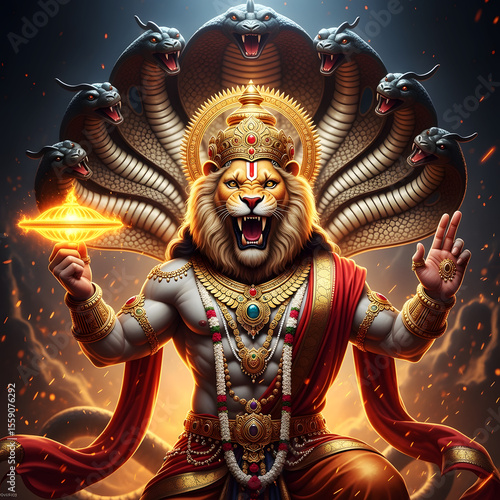 Majestic depiction of lord narasimha an avatar of vishnu with serpentine background