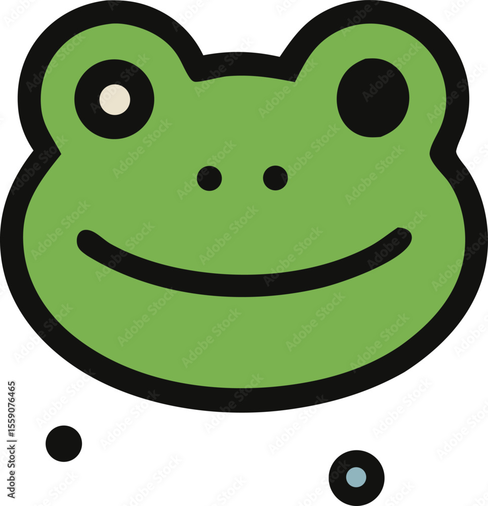 Obraz premium Cartoon frog face with big eyes and a smile, green skin and black outline, cute and friendly illustration