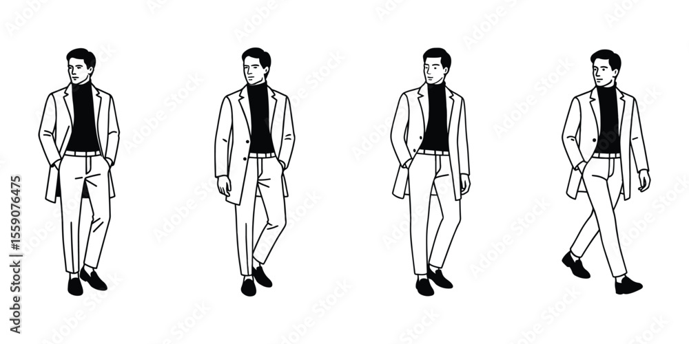 Fashion model man in trench coat and dark top displaying trendy outfit in four poses Fashion model man in trench coat and dark top displaying trendy outfit in four poses