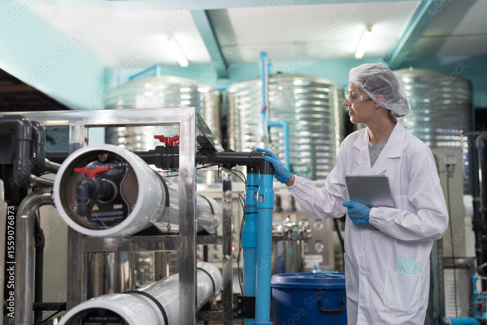 Naklejka premium Drinking water manufacturers and production line. Water filter machine. Female worker inspecting quality of water filter machine and pipeline in drinking water production plant