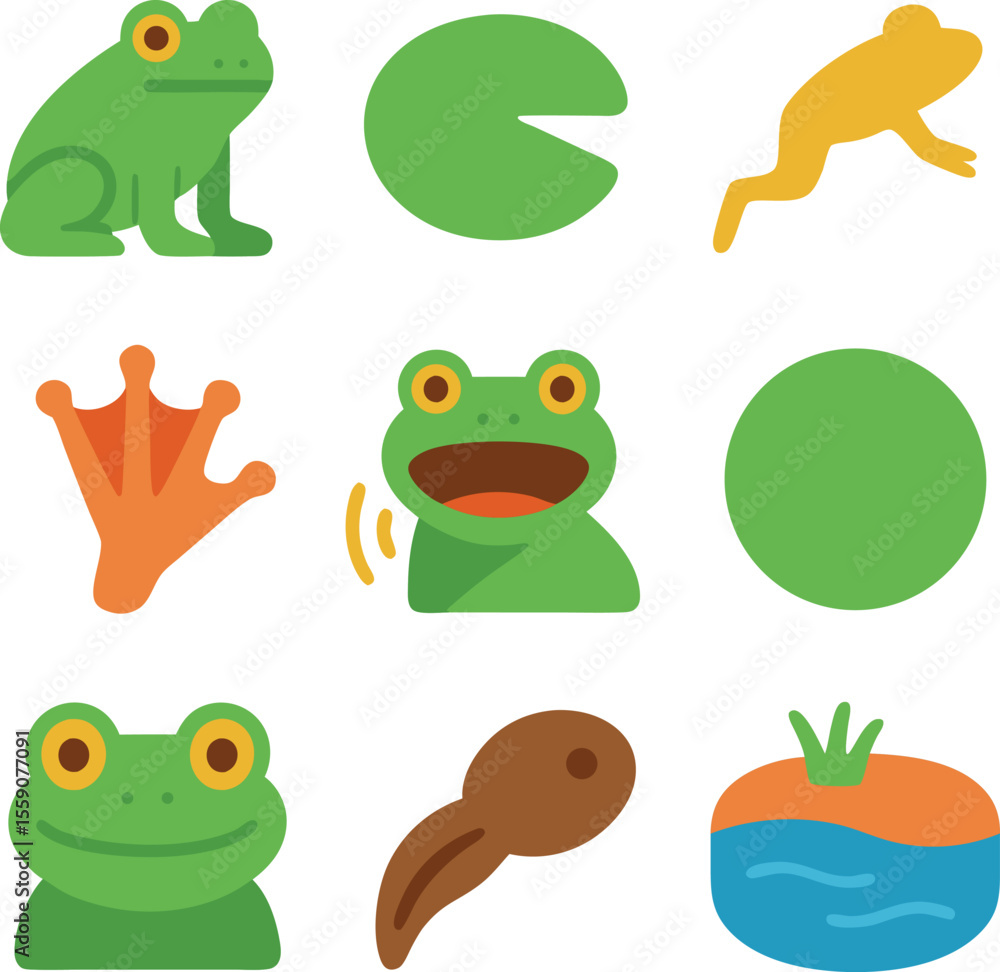 Obraz premium Collection of frog illustrations showing various life stages, poses, and environmental elements in flat design