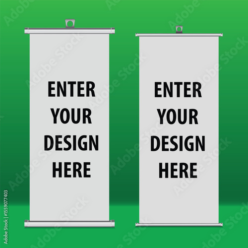 Blank vertical stand roll up banner mockup on green background, pull-up roller portable signage mock-up, white pop-up advertising display template, roll up 3d ad banner on green screen
