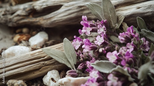 Close-up of clary sage blossoms surrounded by driftwood and fresh herbs in tones of earth brown sage and ivory