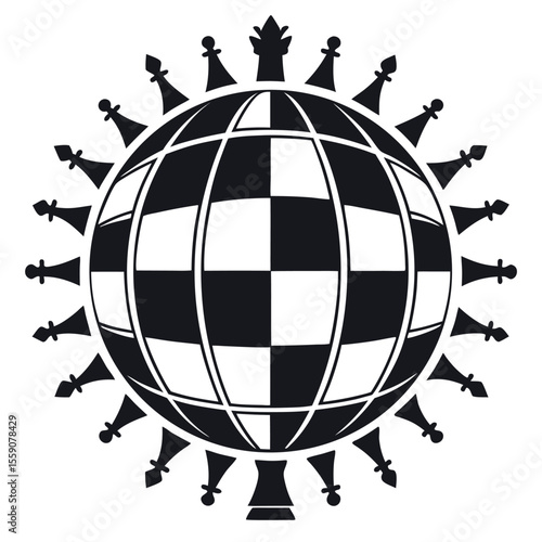 Global chess strategy concept with pawns and king on a globe isolated on white background
