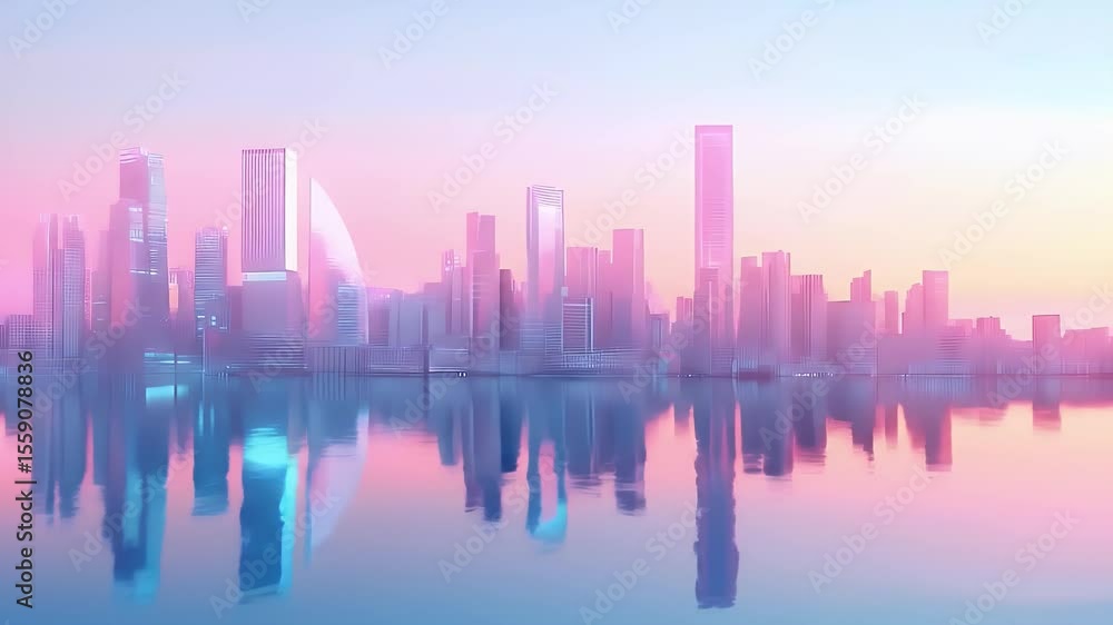 Waterfront Cityscape Reflection with Pink and Blue Pastel Sky Modern Architecture Waterfront Cityscape Reflection with Pink and Blue Pastel Sky Modern Architecture