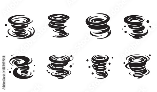 Black and white tornado icon set illustrating cyclone storms and weather concepts