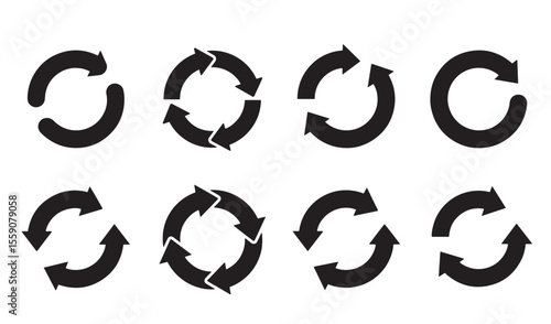 Black arrows rotation circular icon set symbols for refreshing updating reloading or recycling design elements