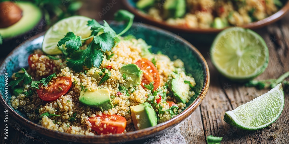 Fresh Quinoa Salad with Avocado, Cherry Tomatoes, and Lime on Rustic Wooden Table Fresh Quinoa Salad with Avocado, Cherry Tomatoes, and Lime on Rustic Wooden Table