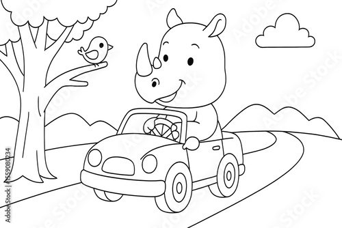 Rhino drives car with bird nearby, playful forest road coloring book page.