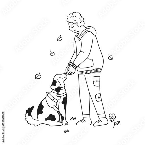Illustration of a person and dog enjoying a moment outdoors. Happiness and companionship depicted in black and white outline. Autumn leaves scattered around them.