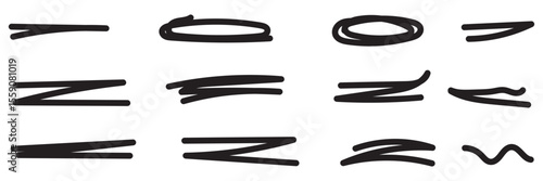 Brush scribble underline. Marker pen line highlight swoosh stroke. Vector underline set. Doodle grunge lines, scrawls, underlines strikethroughs. Vector illustration. 