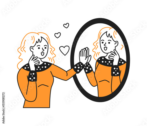Cartoon woman happily looking at herself in mirror with hearts around. Her joyful expression conveys selflove and confidence. Illustration in orange and black.