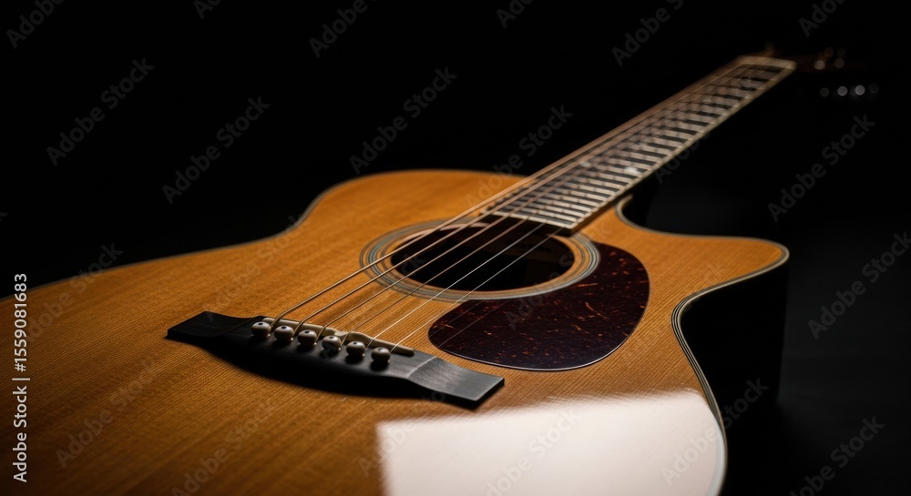 Fototapeta premium Close-up of the body and strings of a natural wood acoustic guitar, focusing on the bridge and pickguard, with a blurred neck extending into a dark background.
