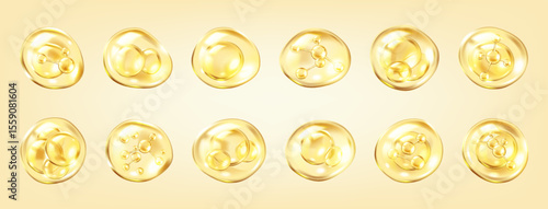 Golden collagen molecules serum droplets realistic color icons set. Bubbles for beauty and skincare advertising 3d objects bundle on yellow