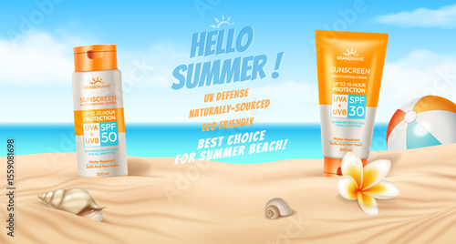 Digital illustration of sunscreen bottles on sandy beach. Vibrant colors with text promoting sun protection and ecofriendly benefits. Summer essential representation.