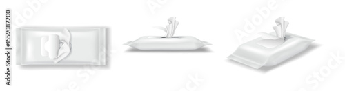 Realistic illustration of wet wipes packaging in white color. Displays unopened package from different angles. Ideal for hygiene and cleaning product presentations.