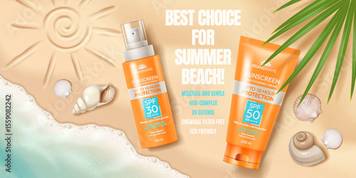 Realistic illustration of sunscreen products on a sandy beach. Bright orange bottles with SPF labeling. Includes seashells and palm leaves, promoting summer skincare.