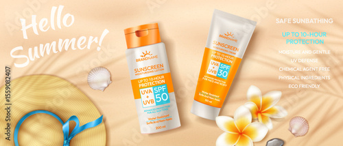Sunscreen bottles on sandy beach background. Bright colors, promoting sun protection and skincare. Includes frangipani flowers and seashells for a summer vibe.