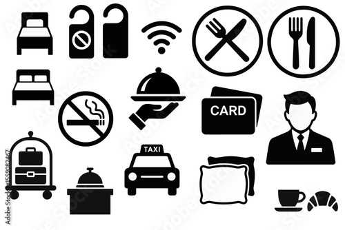  Hotel hospitality travel service icons vector set for amenities and convenience