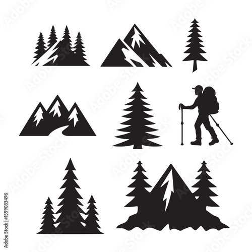 Silhouette collection of mountain and forest scenes with a hiker