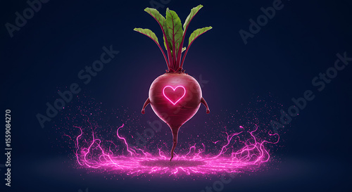 A beetroot superhero with glowing pink energy around it, heart emblem on the chest, and levitating off the ground.
