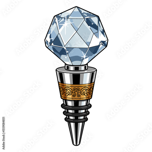 Vector illustration of decorative wine bottle stopper with crystal lid featuring silver and gold elements
