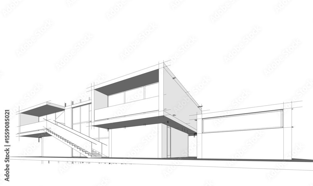 Modern house building sketch architectural 3d rendering Modern house building sketch architectural 3d rendering