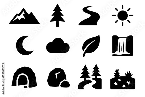 Black set of 12 landscape icons. Minimal vector for adventure, travel, and exploration.