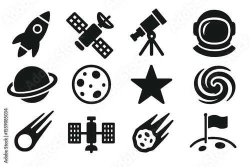 12 black space icons. Solid vector for astronomy, exploration, and cosmic design.